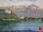 landscape, europe, slovenia, bled, lake, castle, julian, alps, original watercolor painting, oberst